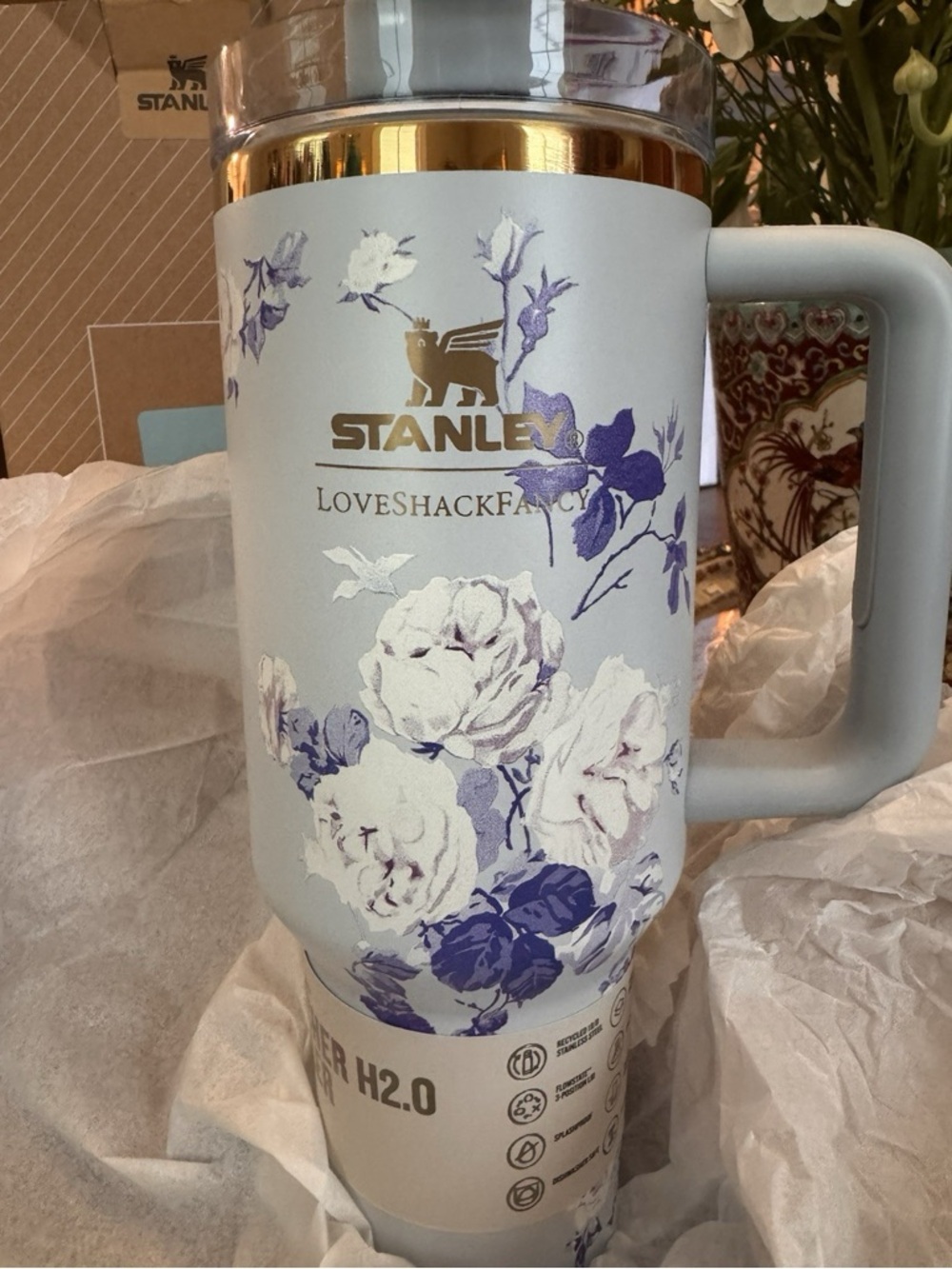 Stanley Light Blue Floral Insulated Mug with Gold Accents